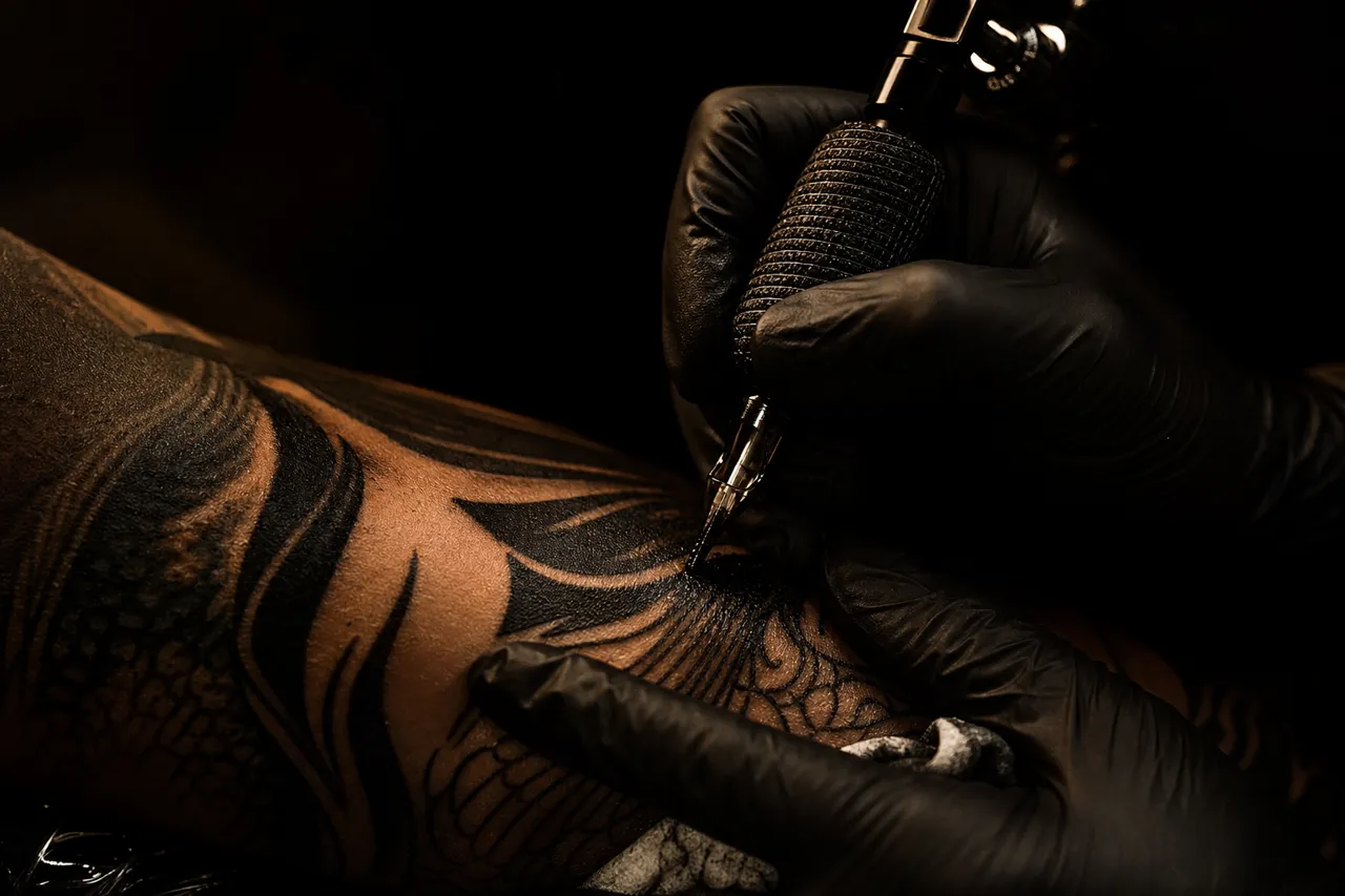 Máquina de tatuar y motivos geométricos Imagen ilustrativa de manos con guantes negros y una máquina de tatuar sobre piel con motivos geométricos.