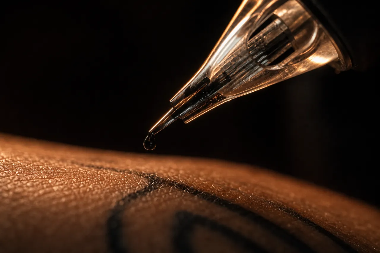 Imagen ilustrativa de la punta de una máquina de tatuar junto a piel con líneas negras.