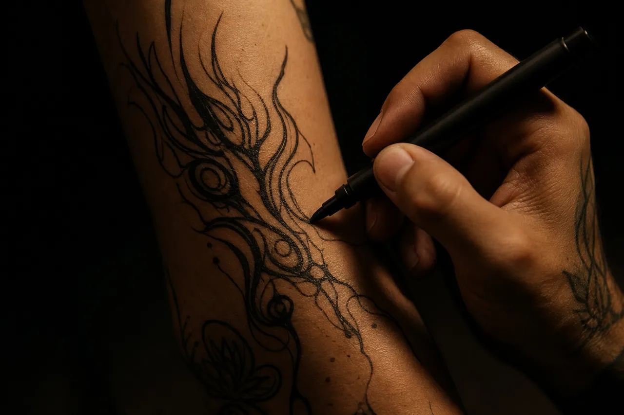 Dibujo con rotulador sobre piel Imagen ilustrativa de una mano trazando líneas curvas con un rotulador sobre un brazo.